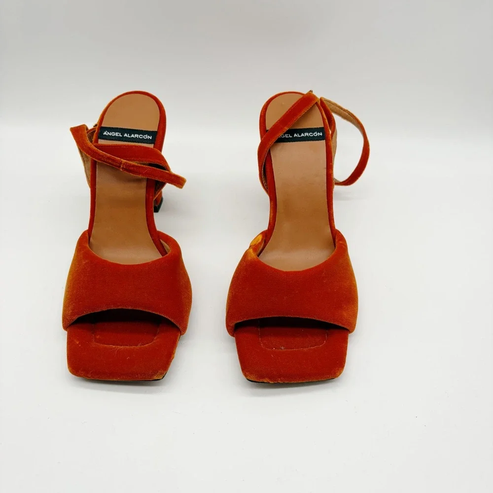 Angel Alarcon Sandals Womens 37 Orange Velvet Square Toe Ankle Strap Block Heel